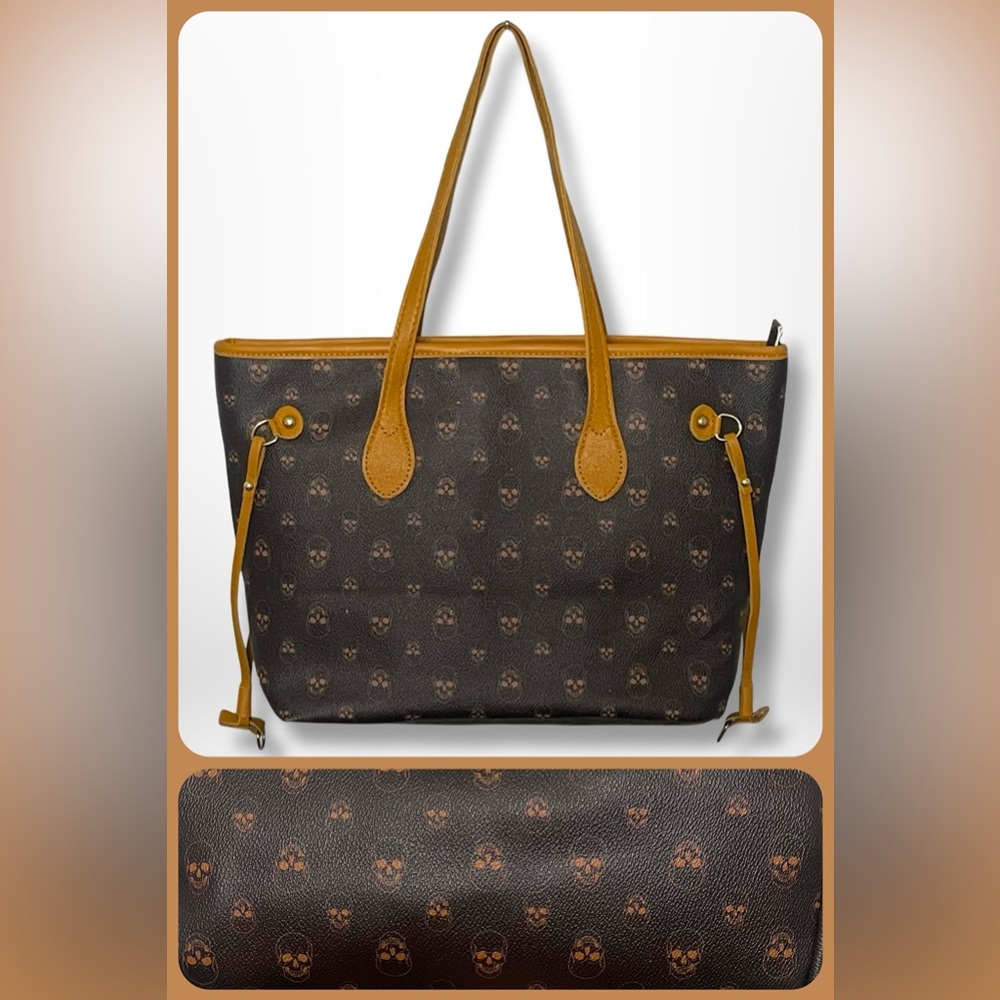 Skull Pattern Brown and Tan Large Satchel Zipper Tote Bag